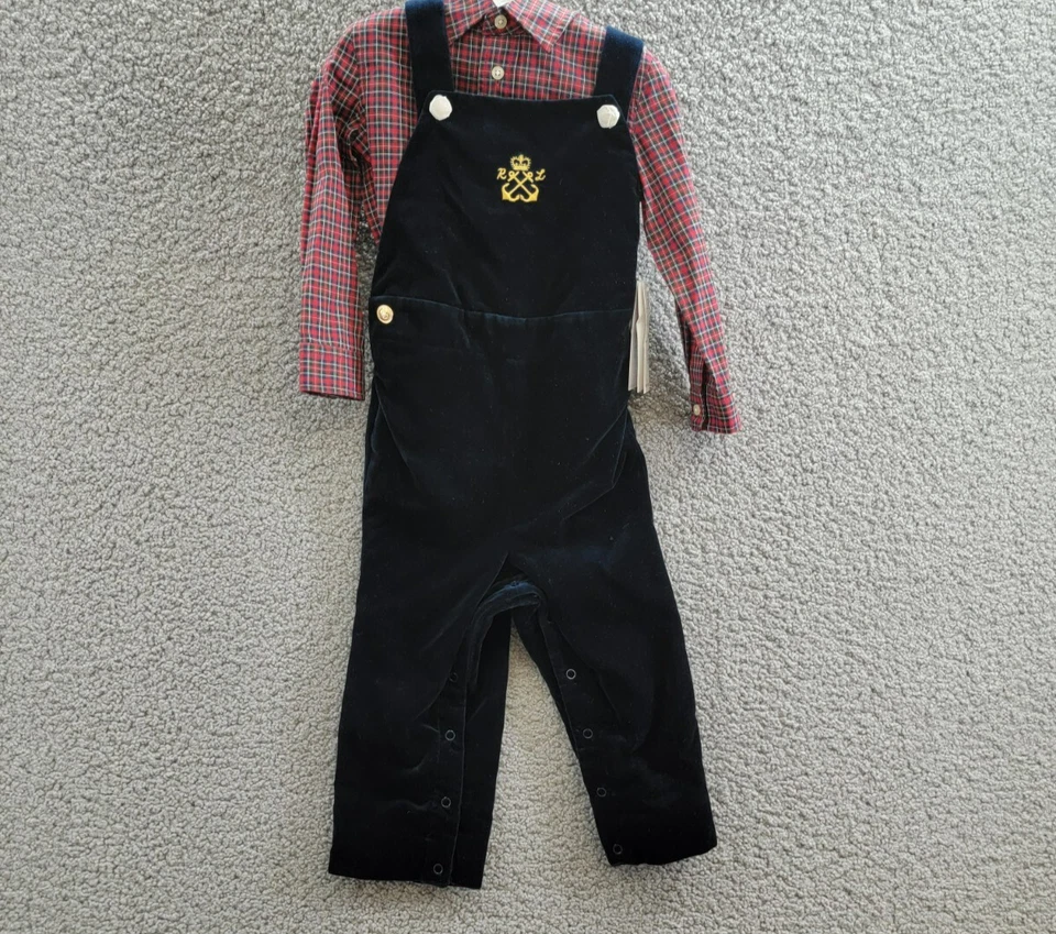 Ralph Lauren Plaid Shirt & Velvet Overall Set Baby Boys' 18M Navy Multi Snap L/S - Image 2 of 4