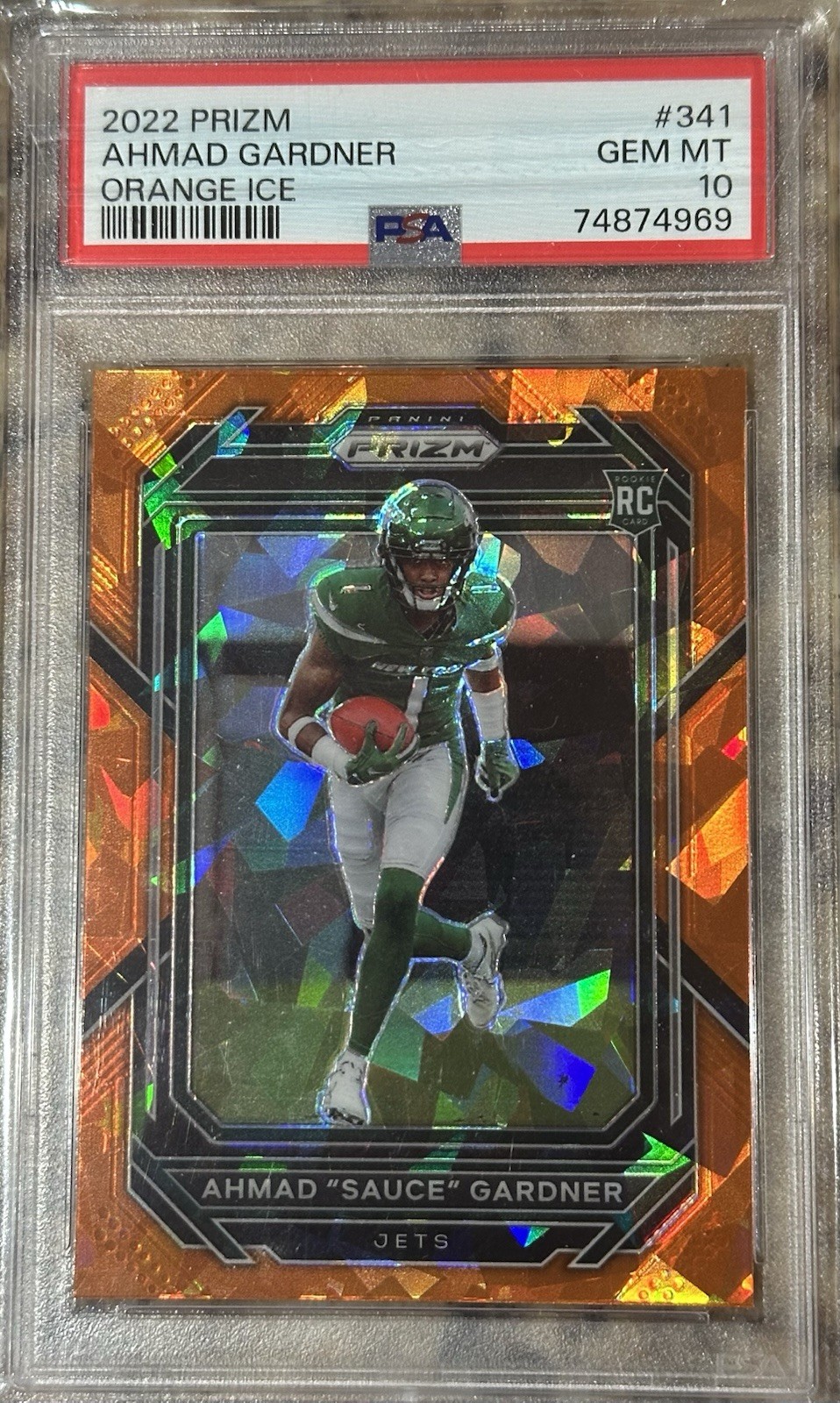 Panini Prizm 2022 Ahmad "Sauce" Gardner #341 Orange Ice Prizm Rookie PSA 10 Jets