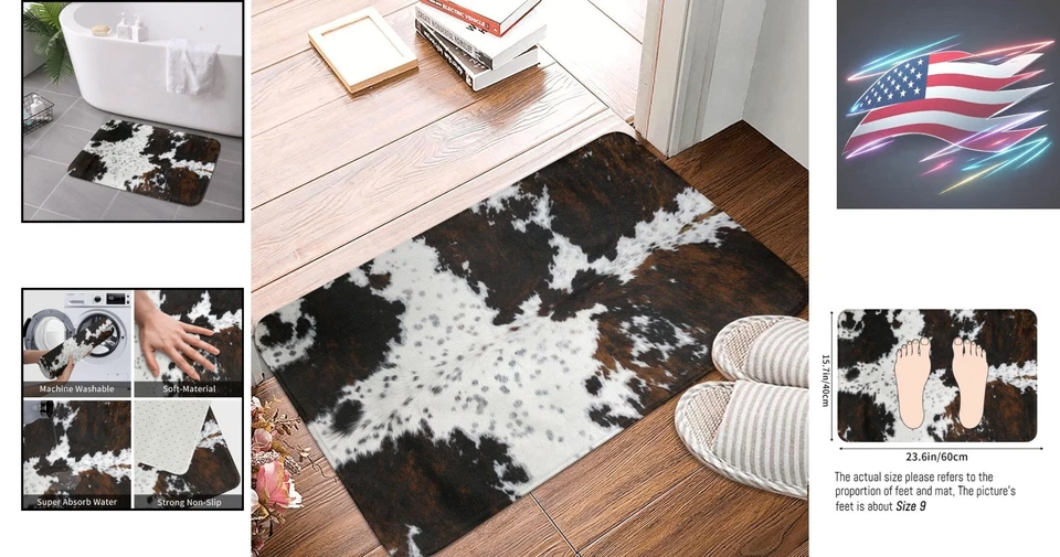Stylish Absorbent Cowhide Bath Mat - Soft Flannel, 24"x16" Non-Skid Design - Image 2 of 4