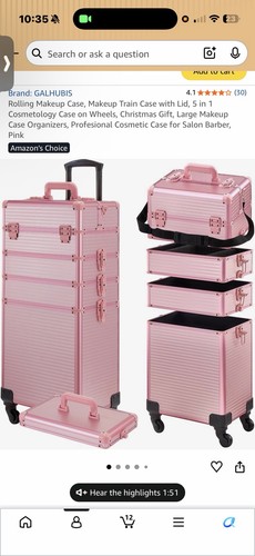 GALHUBIS Pink Rolling Makeup Train Case Cosmetic Organizer on Wheels