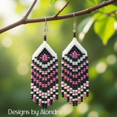 Handcrafted Beaded Fringe Earrings Indigenous Style Pink Black White Seed Bead