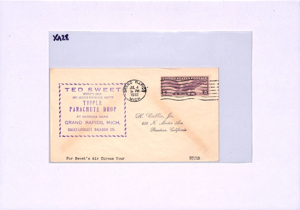 USA Cover *PARACHUTE DROP* Air Circus TED SWEET 1932 Grand Rapids {samwells}XA28 - Image 4 of 4