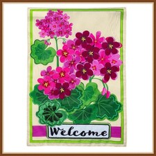 EVERGREEN GARDEN FLAG PINK GERANIUM WELCOME EMBELISHED APPLIQUE' - BRAND NEW