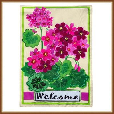 EVERGREEN GARDEN FLAG *PINK GERANIUM WELCOME* EMBELISHED APPLIQUE'  - BRAND NEW