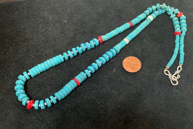 Block(reconstituted)turquoise bead/coral necklace/$0.85 combine s/h fee(w193a-w)