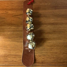 Vintage Five Brass Tone Sleigh Bells On Light Brown Strap/Door Hanger Decoration