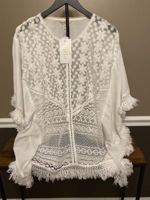 Pure by Exist Beach Swim Cover-Up White Cotton Fringe Size S/M Free Shipping