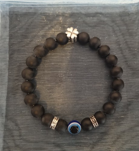 Evil Eye Naturstein Armband mit vierblättrigem Kleeblatt �️ Glück & Schutz - Bild 2 von 2