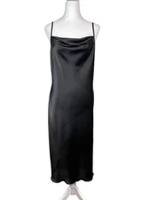 Bebe Y2K Satin Slip Midi Dress Black Cowl Neck Spaghetti Straps M Early 2000 USA