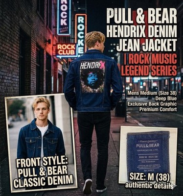 Pull & Bear Hendrix Denim Jean Jacket Blue Graphic Print Rock Music Men's 38 (M)