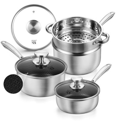Saucepan Set 7PC Stainless Steel 1Qt 2Qt 3Qt Induction Oven Safe Lids KOCH 7PCS