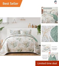 King Size Botanical Floral Reversible Microfiber Quilt Set 3 Pieces Green