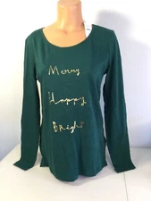 ANN TAYLOR LOFT Green “Merry-Happy-Bright” Long Sleeve Top. Sz. Medium. NEW.