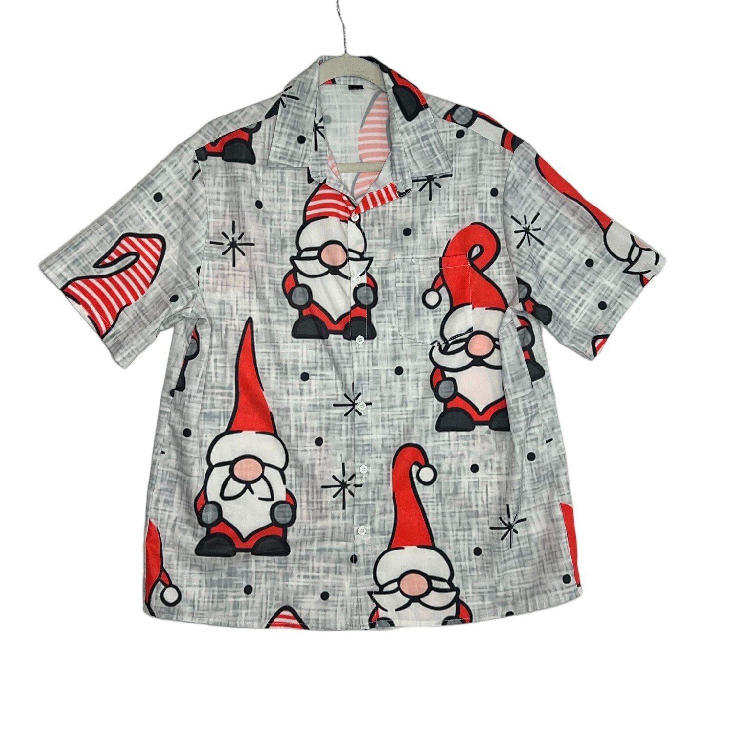 Mens Christmas Button Up Shirt Gnome Elf Printed Short Sleeve Collared