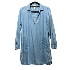 C&C California Blue Chambray Dress Tunic Long Sleeve Pockets Roll Tab Lyocell