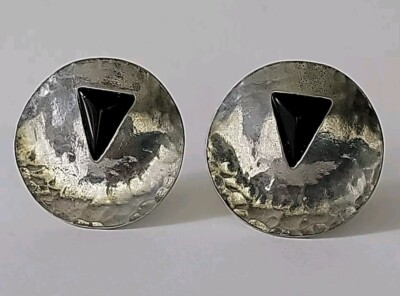 1970's Modernist Artisan Designer Hammer Pewter? Ebony Stone Clip Earrings 1.5''w