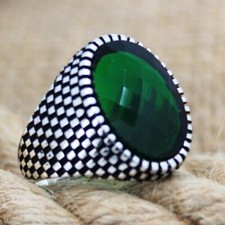 Green Facet Zircon Stone Solid 925 Sterling Silver Men's Ring