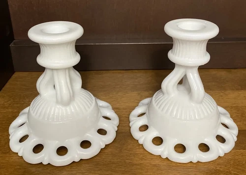 Vintage Westmoreland Milk Glass Doric Open Lace Candle Stick Holders White