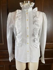 Vintage Women's Ruffled Blouse Top Micro Dot Prairie Victorian High Neck S/M