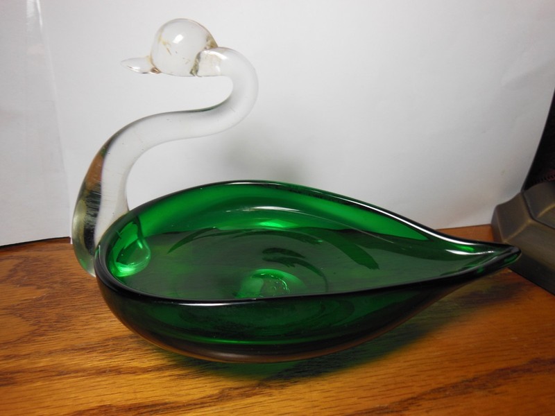 Vintage Norcrest Handblown Art Glass Emerald Green Swan Trinket Dish or Other