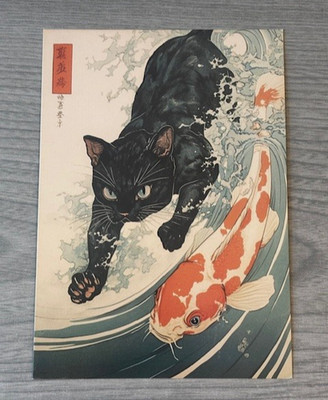 Neu 2025 Japanischer Vintage Stil Kunst Katze Postkarte Koi Fisch Schwimmen Wellen Wasser