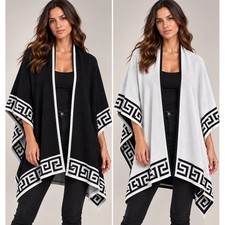 Peruvian Alpaca Blend Ruana Wrap Reversible Black White Greek Key Old Money Cape