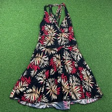 Vintage 90s Y2K Halter Leaf Floral Print Ruffle Open Back Midi Dress Sz M