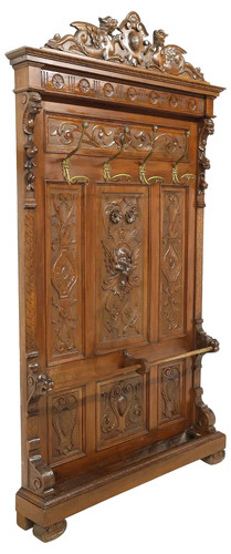 Antique  Hall Tree, Italian Renaissance Revival, Carved Walnut, Dragons, C. 1900