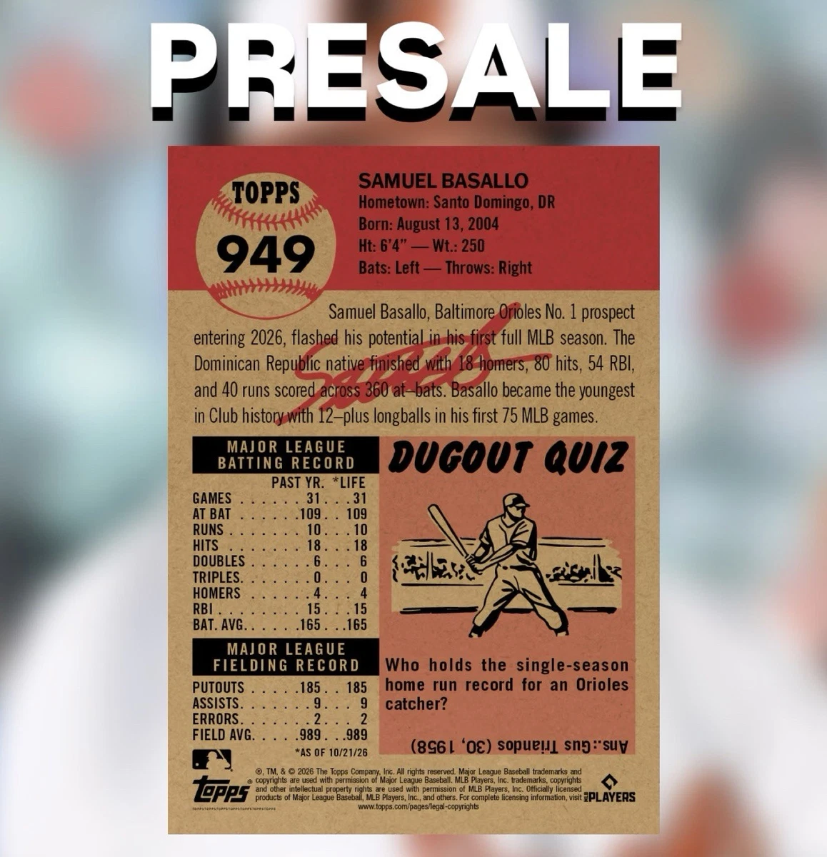 Samuel Basallo - 2026 MLB Living Set Tarjeta 949 Baltimore Orioles PREVENTA