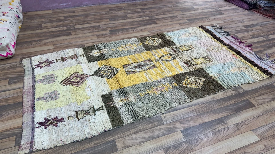 Handmade Moroccan Berber Rug Vintage Yellow Wool Carpet | Tribal Geometric Area - Image 3 of 4