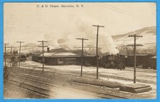 Oneonta NY, U & D Railroad Depot, Trains, Smoke, Phelps Real Photo RPPC Postcard