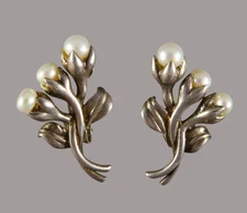 Vintage MWS STERLING SILVER Clip-On Earrings WHITE PEARLS Tulips Rose Bud Flower