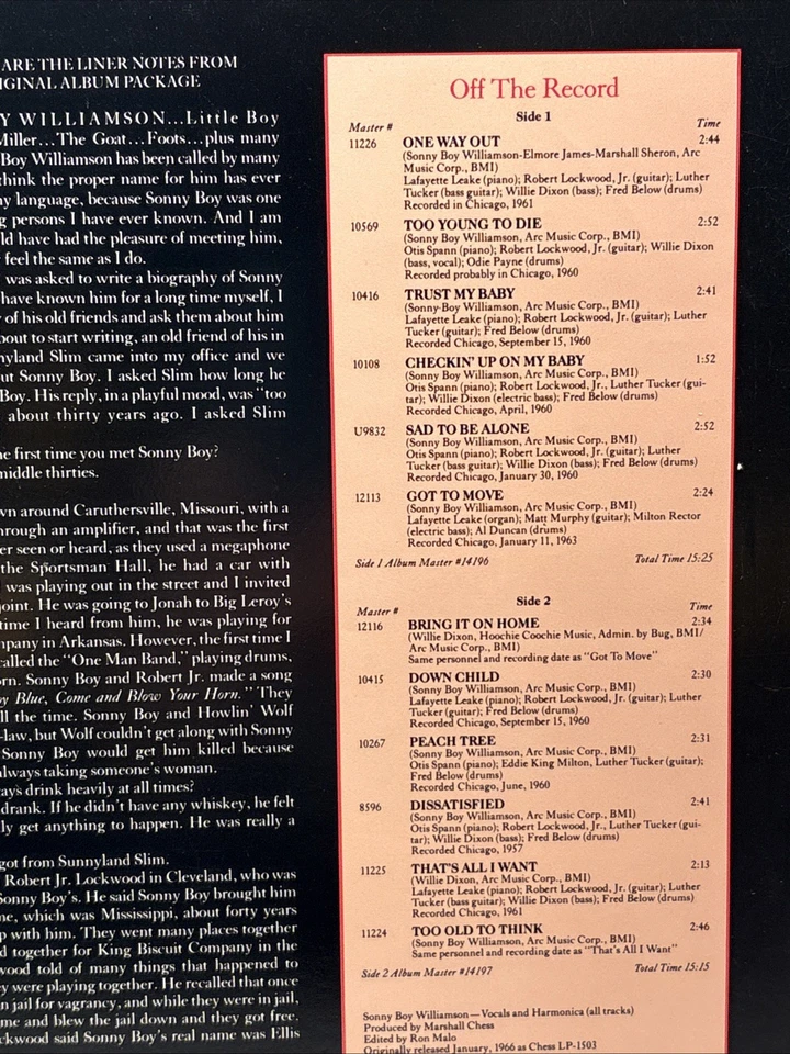 Sonny Boy Williamson Vinyl LP The Real Folk Blues Chess Records Vintage — 第 3/4 张图片