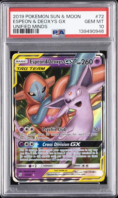 2019 POKEMON SUN & MOON UNIFIED MINDS #72 ESPEON & DEOXYS GX PSA 10