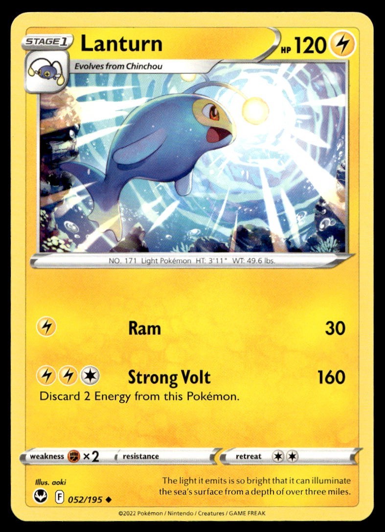 Lanturn 52/195 Pokemon Card Silver Tempest Uncommon 120 HP Near Mint KG