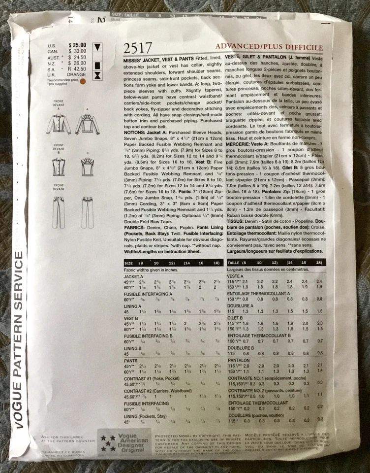 Vogue American Designer Marc Jacobs 2517 Pattern - Jacket Pants Sz 14-18 L UNCUT - Image 2 of 2