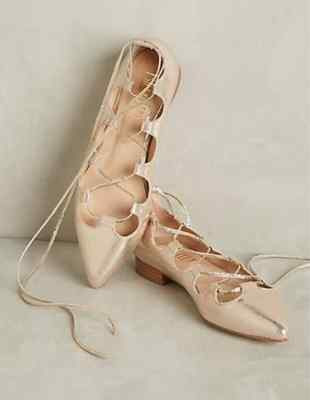NEW Beautiful Anthropologie Billy Ella Metallic Gold Lace Up Flats 9.5 $178