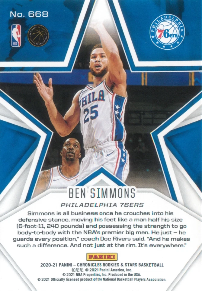 Ben Simmons 2020-21 Chronicles Basketball Rookies & Stars Card #668 76ers NBA - Image 2 of 2
