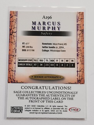 2021 PREMIER DRAFT MARCUS MURPHY AUTO SAGE CARD #A196 | eBay