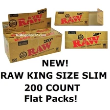 1 PACK OF RAW 200's Classic King Size Slim FLAT PACK - Uncreased Rolling papers