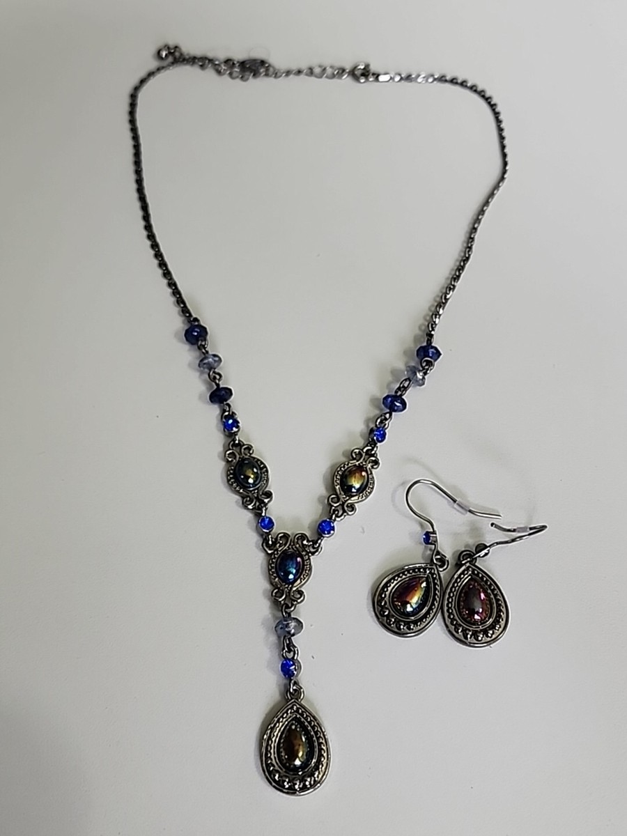 Parure collier boucles d'oreilles acier inoxydable fleurs nacre noir