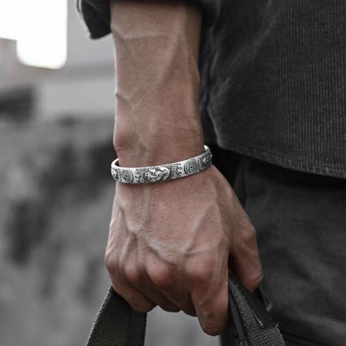 Men 925 Sterling Silver Lucky & Wealth Vintage Bracelet Bangle Open Cuff Jewelry - Picture 1 of 12