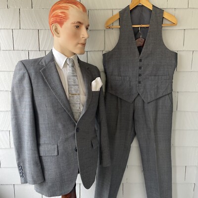 80s Vintage Eagle Clothes Gray Plaid Wool 2-Button Mens 3pc Swanky Suit  Size 38