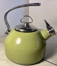 Vintage Chantal Avocado Green Harmonica Whistling Tea Kettle Pot Enamel Steel