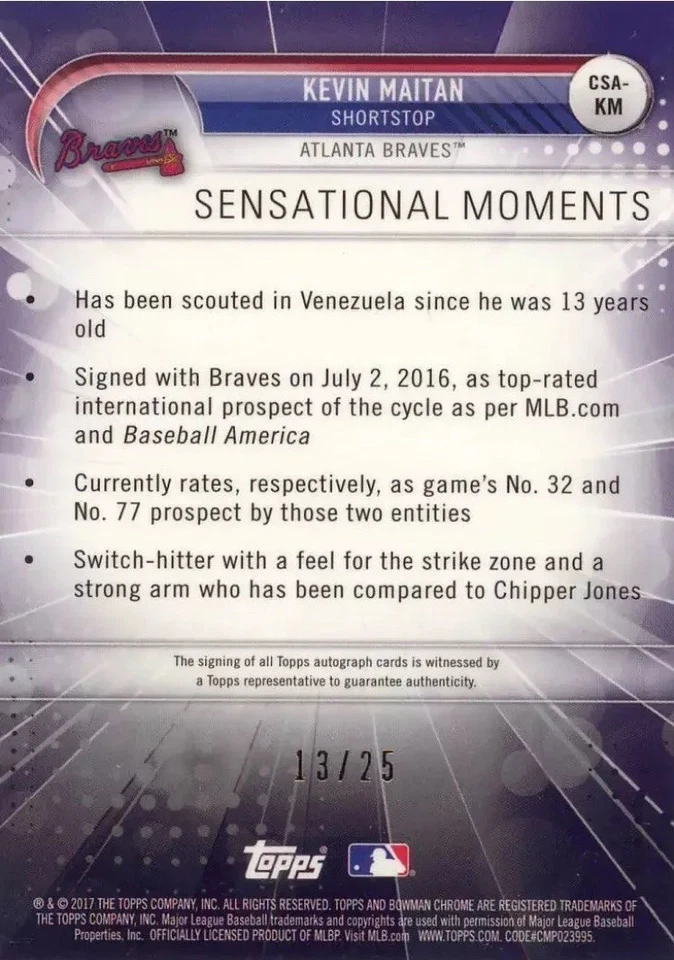 2017 BOWMAN CHROME SENSATION KEVIN MAITAN AUTOGRAPH AUTO ORANGE REF/25 LA ANGELS - Image 2 of 2