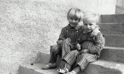 Black and White Photo Siblings Sitting on the Steps  7x10  Reprint  A-21