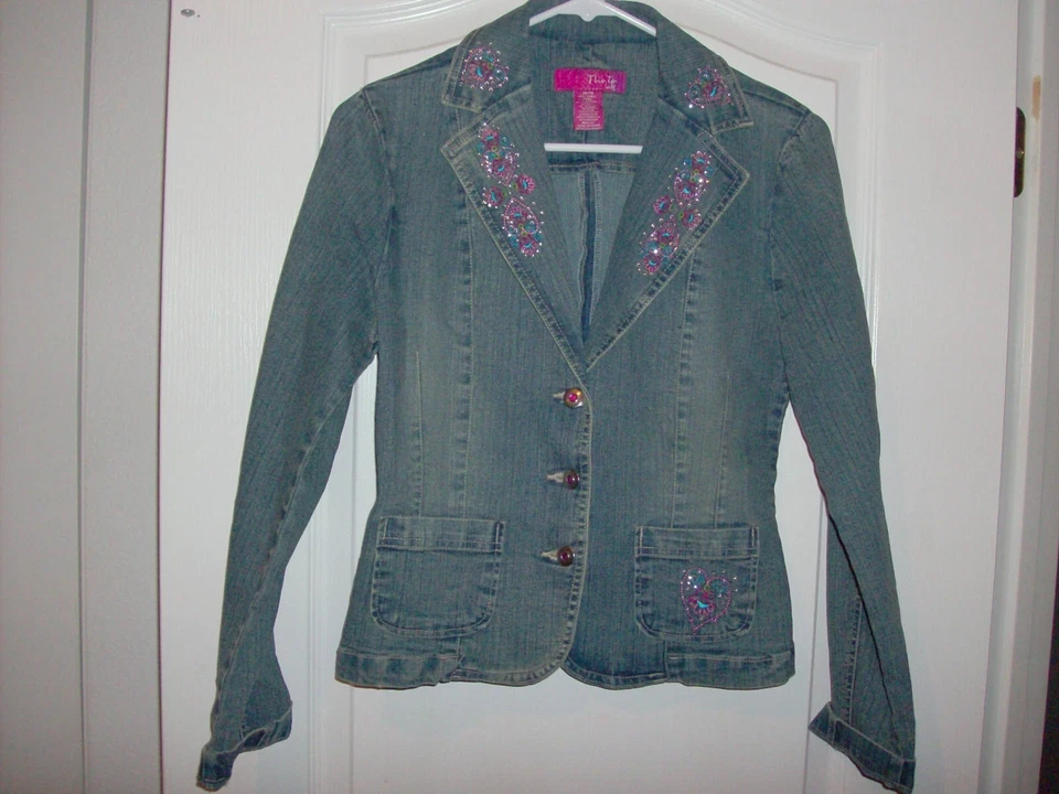 Thalia Sodi девочки вышитый сердце со стразами джинсовая куртка размер 14/16 - Изображение 3 из 4