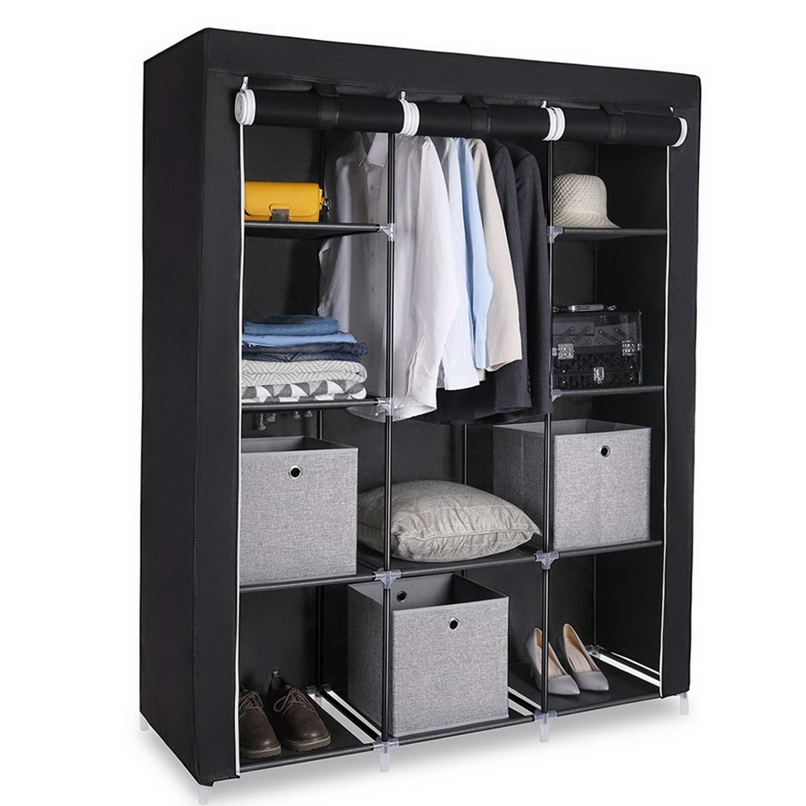 Armario de lona de tela con riel colgante de ropa almacenamiento grande armario