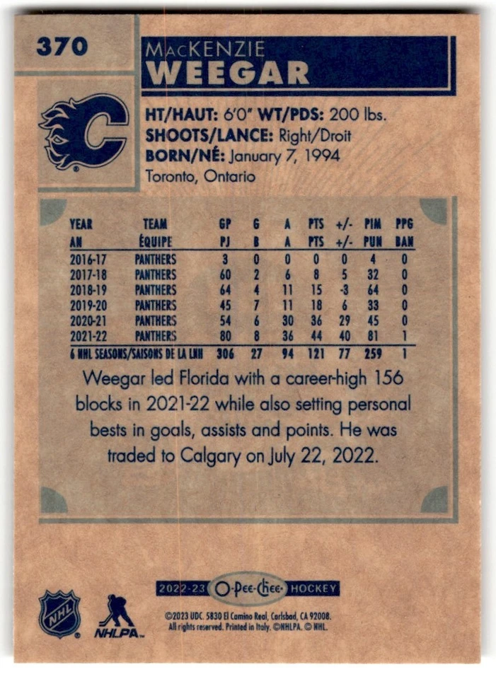 2022-23 O-Pee-Chee Retro MacKenzie Weegar #370 Calgary Flames - Image 2 of 2