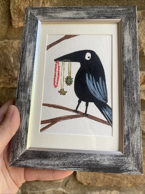 Whimsical Magpie Bird original 4/6,painting On Paper,framed